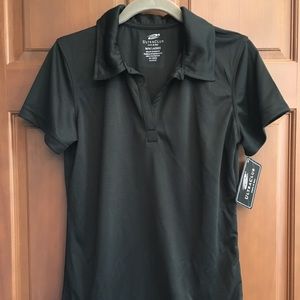 Women’s Black polo shirt.